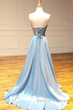 Simple sweetheart blue long prom Dress blue long Prom Dresses