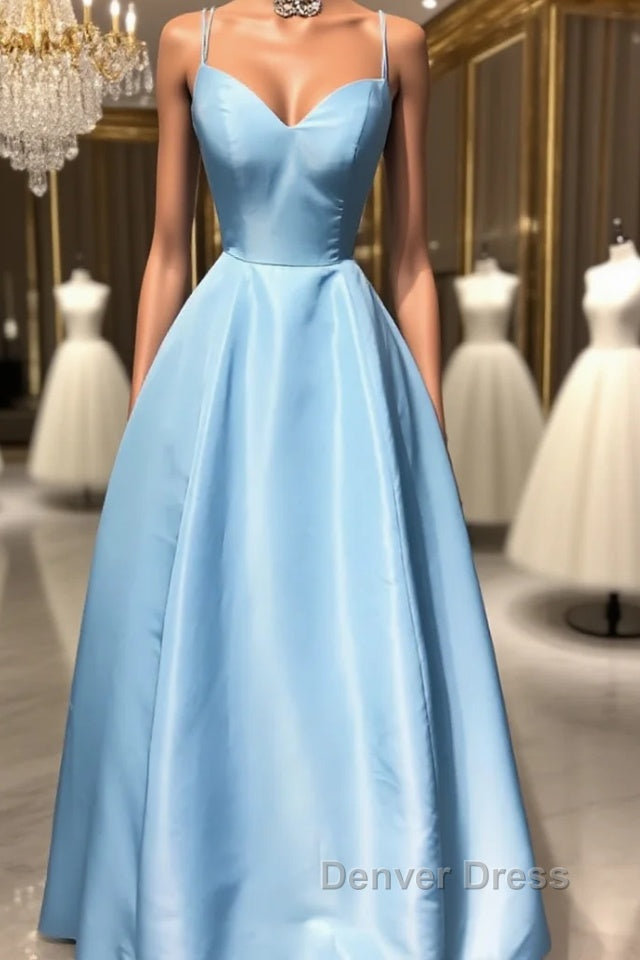 Simple sweetheart blue satin long prom Dress, blue Prom Dresses