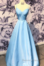 Simple sweetheart blue satin long prom Dress, blue Prom Dresses