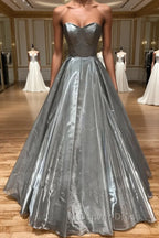 Simple sweetheart neck gray satin long prom Dress gray Prom Dresses