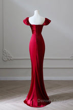 Simple Sweetheart Neck Satin Burgundy Long Prom Dresses, Burgundy Long Formal Dresses