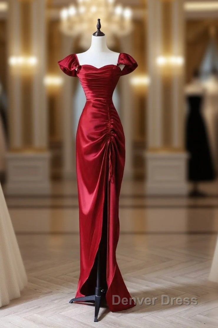 Simple Sweetheart Neck Satin Burgundy Long Prom Dresses, Burgundy Long Formal Dresses Main image