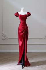 Simple Sweetheart Neck Satin Burgundy Long Prom Dress, Burgundy Long Formal Dress