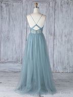 Simple Sweetheart Neck Tulle Lace Long Prom Dress, Gray Blue Bridesmaid Dresses