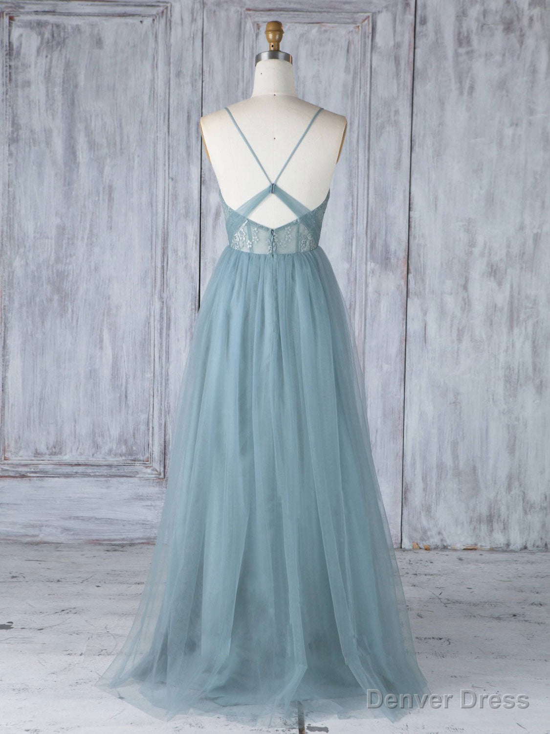 Simple Sweetheart Neck Tulle Lace Long Prom Dress, Gray Blue Bridesmaid Dresses
