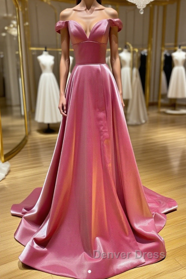 Simple sweetheart off shoulder satin long prom Dresses