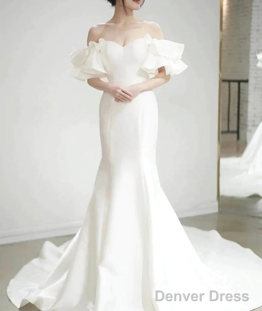Simple Sweetheart Ruffles Mermid Satin Wedding Dresses