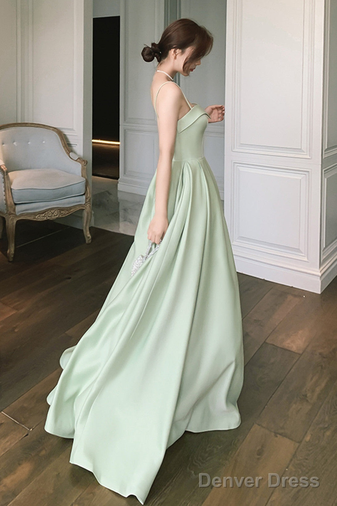 Simple Sweetheart Straps Satin Long Party Dress, A-Line Satin Green Prom Dress