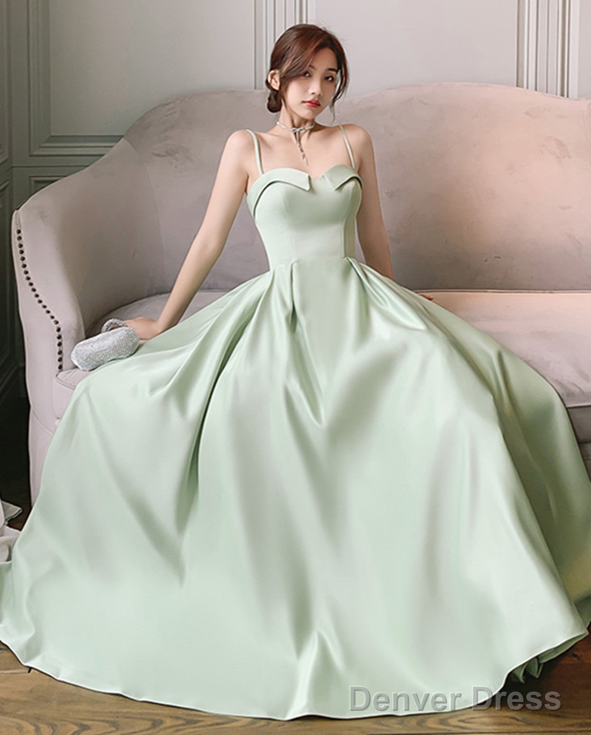 Simple Sweetheart Straps Satin Long Party Dress, A-Line Satin Green Prom Dress