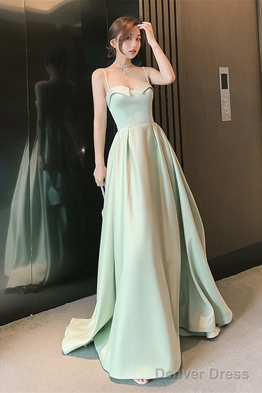 Simple Sweetheart Straps Satin Long Party Dress, A-Line Satin Green Prom Dress Main image