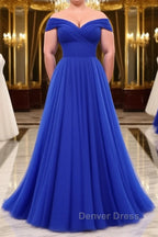 Simple sweetheart tulle blue long prom Dress, blue Prom Dresses