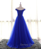 Simple sweetheart tulle blue long prom Dress, blue Prom Dresses