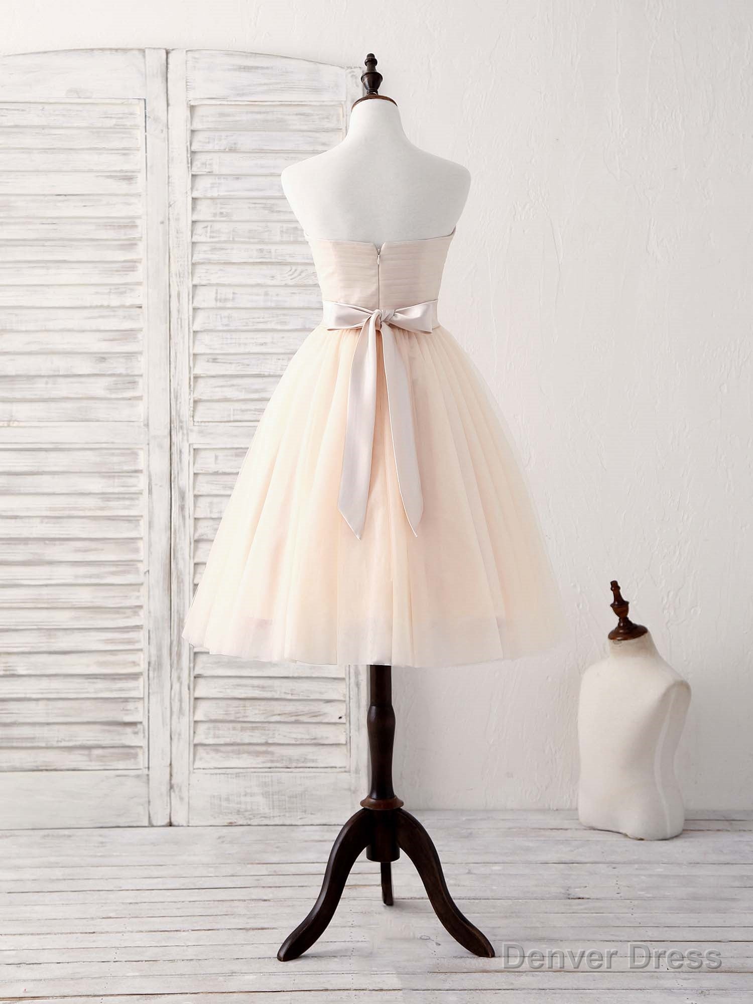 Simple Sweetheart Tulle Short Prom Dress Champagne Bridesmaid Dress