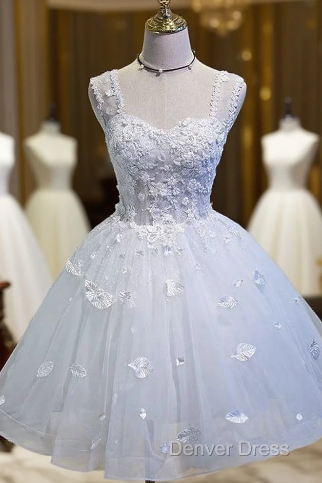 Simple Sweetheart White Lace Up Beads Lace Appliques Tulle Straps Homecoming Dresses