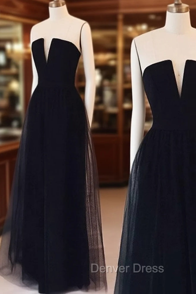 Simple Tulle Black Long Prom Dresses, Black Formal Dresses Main image