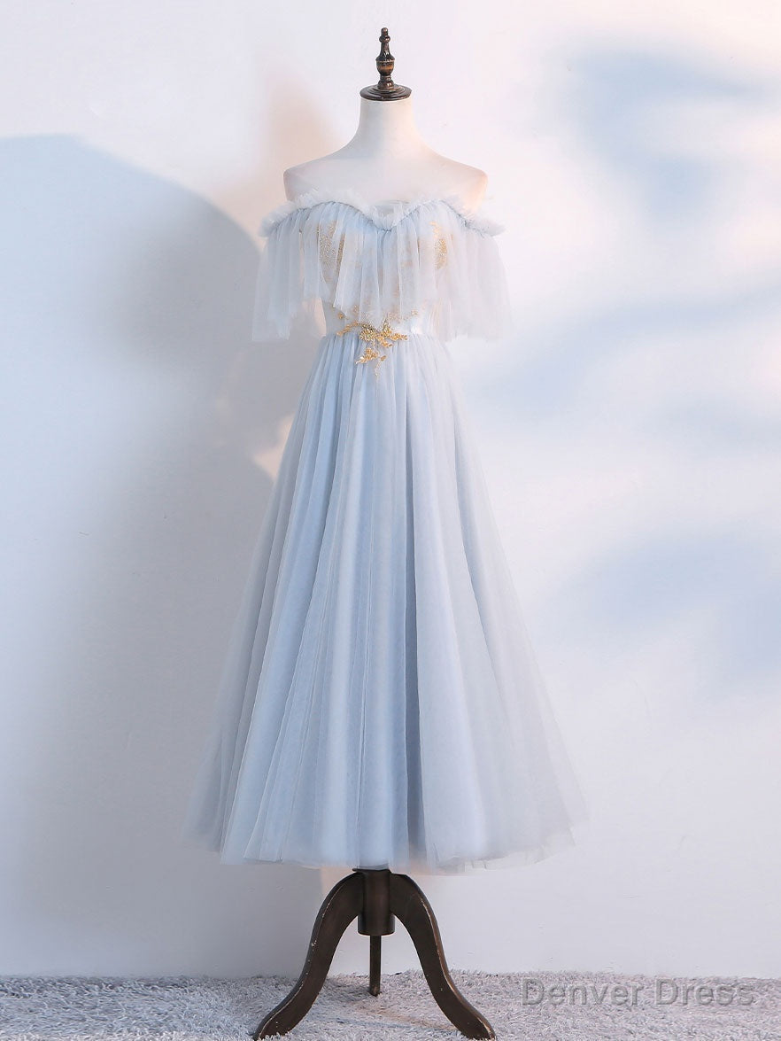 Simple Tulle Lace Gray Blue Prom Dress, Tea Length Lace Bridesmaid Dresses