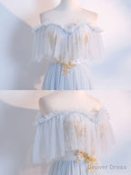 Simple Tulle Lace Gray Blue Prom Dress, Tea Length Lace Bridesmaid Dresses