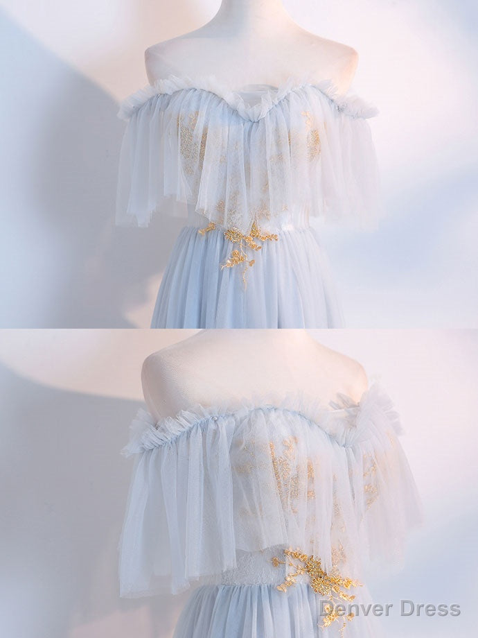 Simple Tulle Lace Gray Blue Prom Dress, Tea Length Lace Bridesmaid Dresses