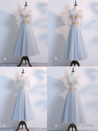 Simple Tulle Lace Gray Blue Prom Dress, Tea Length Lace Bridesmaid Dresses