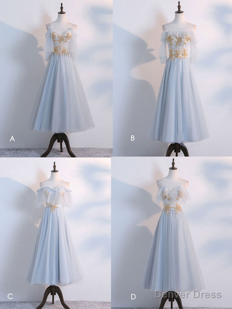 Simple Tulle Lace Gray Blue Prom Dress, Tea Length Lace Bridesmaid Dresses