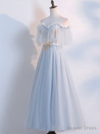 Simple Tulle Lace Gray Blue Prom Dress, Tea Length Lace Bridesmaid Dresses