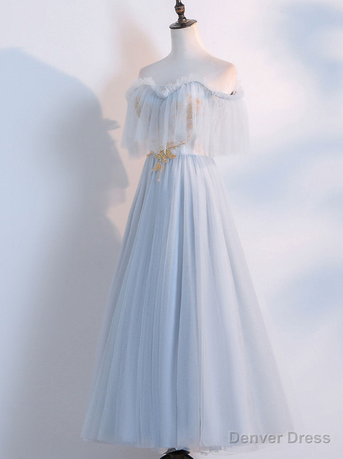 Simple Tulle Lace Gray Blue Prom Dress, Tea Length Lace Bridesmaid Dresses