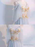 Simple Tulle Lace Gray Blue Prom Dress, Tea Length Lace Bridesmaid Dresses