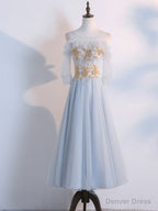 Simple Tulle Lace Gray Blue Prom Dress, Tea Length Lace Bridesmaid Dresses