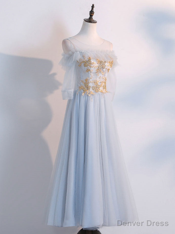 Simple Tulle Lace Gray Blue Prom Dress, Tea Length Lace Bridesmaid Dresses