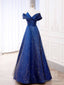 Simple Tulle Satin Dark Blue Long Prom Dress, Blue Formal Evening Dress
