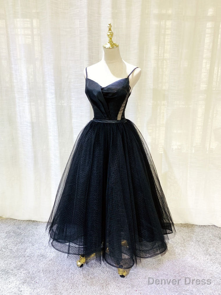 Simple Tulle Tea Length Black Prom Dress, Black Homecoming Dresses