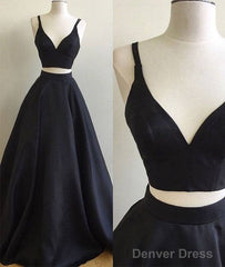 Simple Two Pieces Black Long Prom Dress, Black Evening Dress