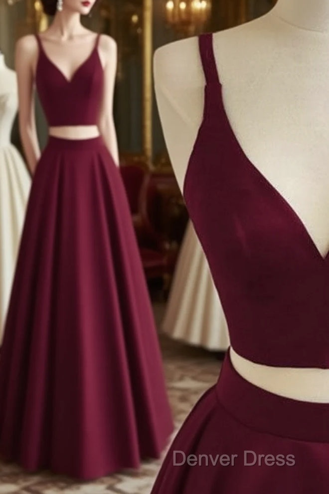 Simple Two Pieces Burgundy Long Prom Dresses, Burgundy Evening Dresses Main image