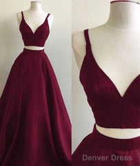 Simple Two Pieces Burgundy Long Prom Dress, Burgundy Evening Dress