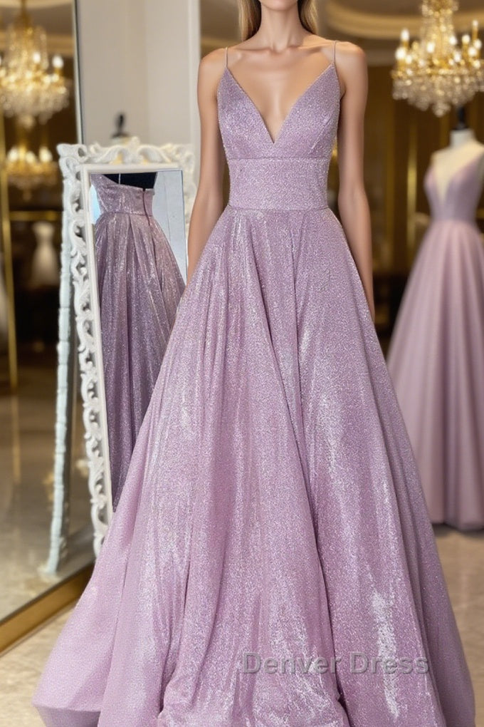 Simple v neck A Line long prom Dress sequin Prom Dresses Main image