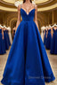 Simple V Neck Backless Royal Blue Satin Long Prom Dress, Royal Blue Backless Prom Dress, Royal Blue Prom Dresses, Ball Gowns
