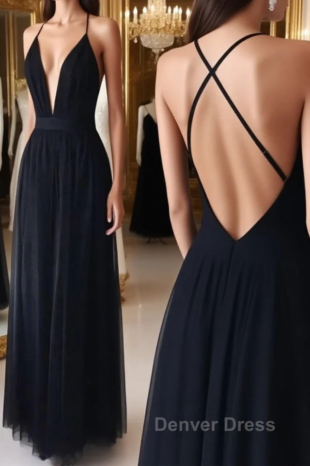 Simple v neck black tulle long prom Dress, black Prom Dresses