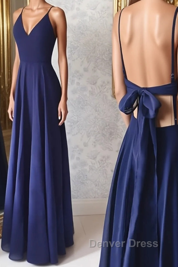 Simple v neck blue long prom Dress, blue Prom Dresses Main image