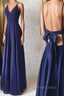 Simple v neck blue long prom Dress, blue Prom Dresses