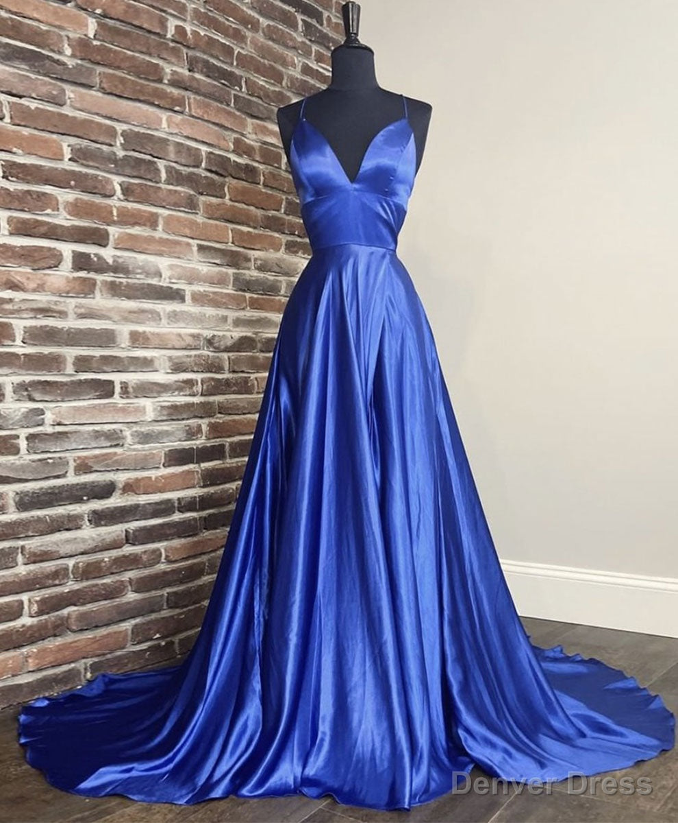 Simple V Neck Blue Satin Long Prom Dress Blue Formal Dress Secondary image