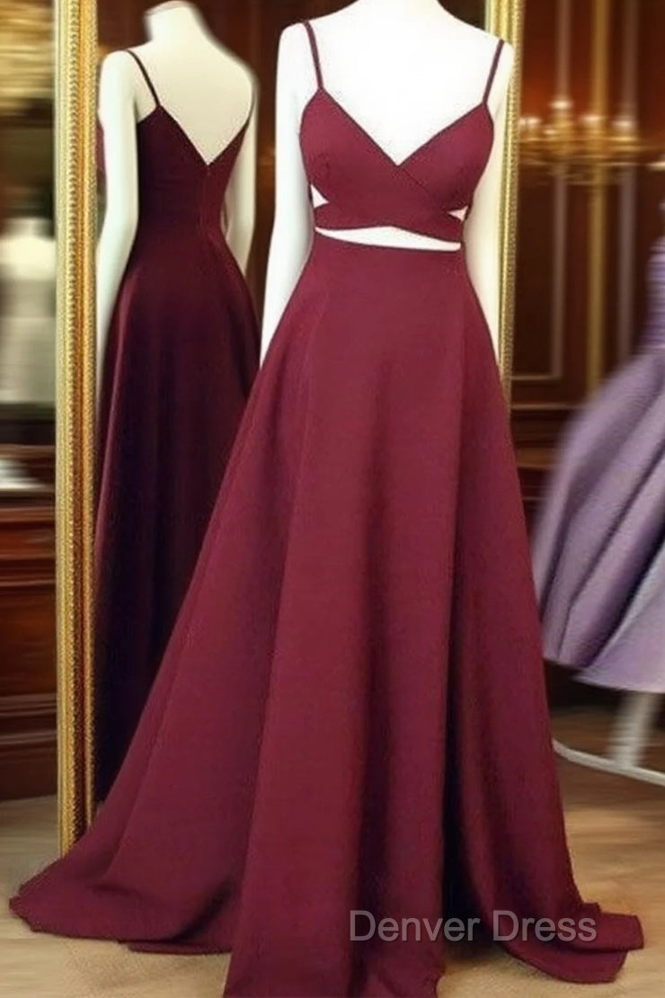 Simple V Neck Burgundy Long Prom Dresses, Burgundy Evening Dresses