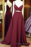 Simple V Neck Burgundy Long Prom Dresses, Burgundy Evening Dresses