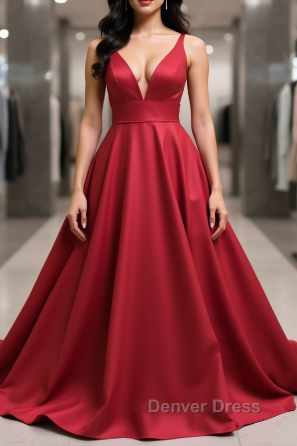 Simple v neck burgundy satin long prom Dress burgundy Prom Dresses Main image