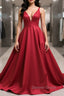 Simple v neck burgundy satin long prom Dress burgundy Prom Dresses