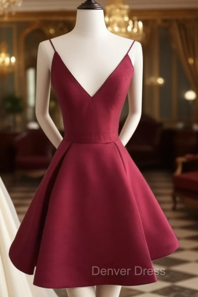Simple V Neck Burgundy Short Prom Dress, Burgundy Homecoming Dresses Main image