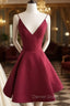 Simple V Neck Burgundy Short Prom Dress, Burgundy Homecoming Dresses