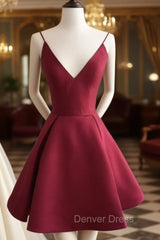 Simple V Neck Burgundy Short Prom Dresses, Burgundy Homecoming Dresses