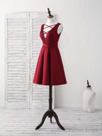 Simple V Neck Burgundy Short Prom Dress Satin Homecoming Dresses