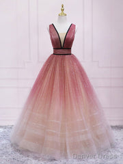 Simple V Neck Burgundy Tulle Long Prom Dress, Tulle Formal Dress