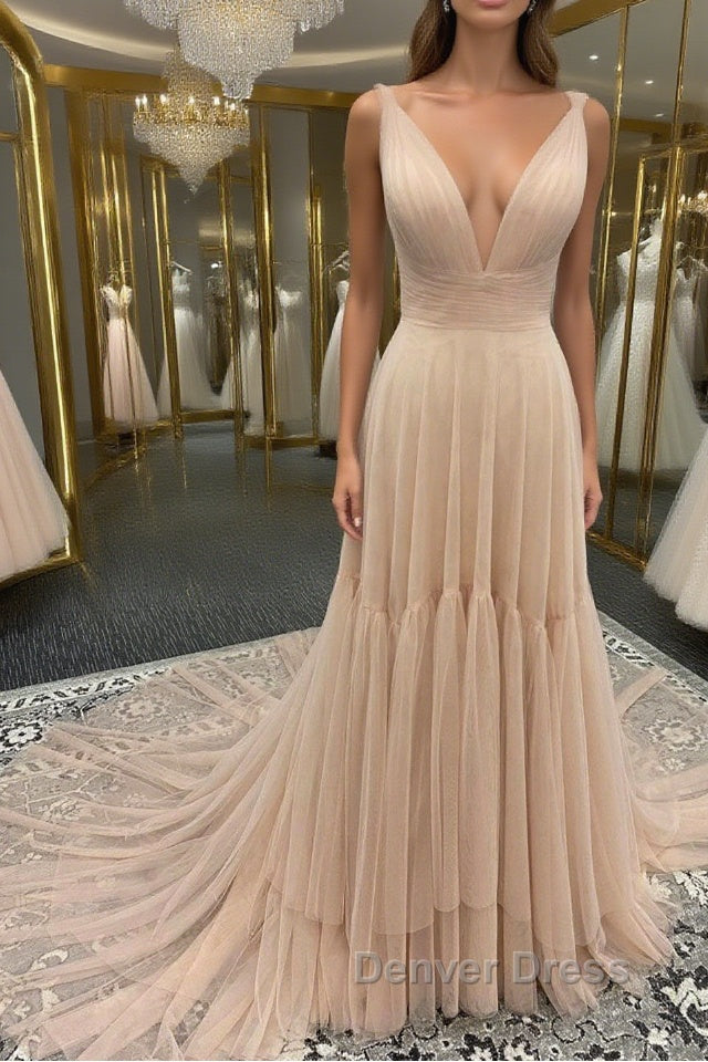 Simple v neck champagne tulle long prom Dress, champagne Prom Dresses Main image